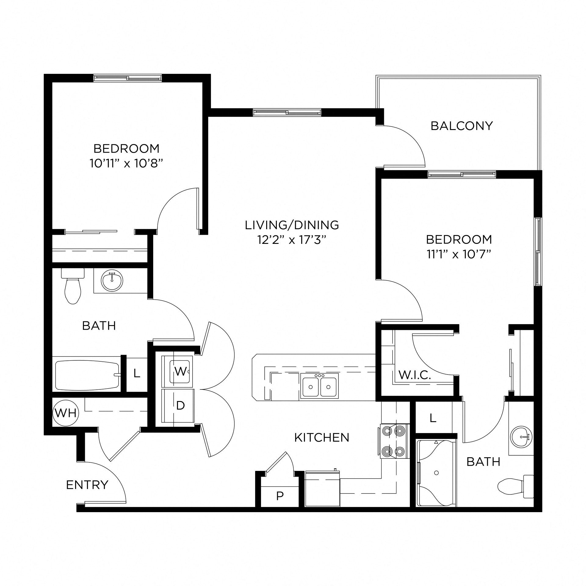 Floor plan for 2 beds, 2 baths, 1024 sqft